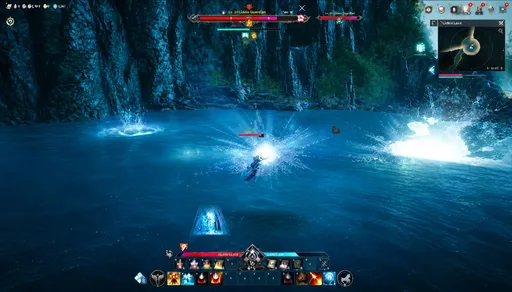 Aion 2 night battle on Lideia Lake with a bright magical burst, water splashes, guardian health bar, and skill HUD. (Aion 2 Cheats homepage gallery 4)
